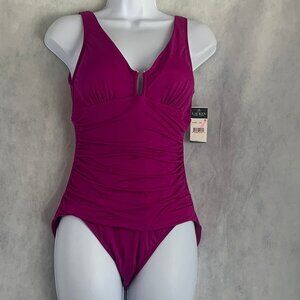 Lauren Ralph Lauren Solid Beach Ring One-Piece Swimsuit, Pink Hibiscus Purple, 8